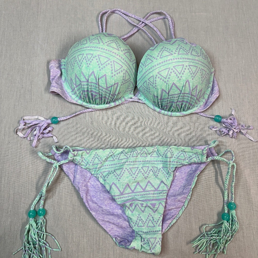 Victoria's Secret Bombshell Bikini - Green/Purple, Fringe, Bottoms LG Top 36 D